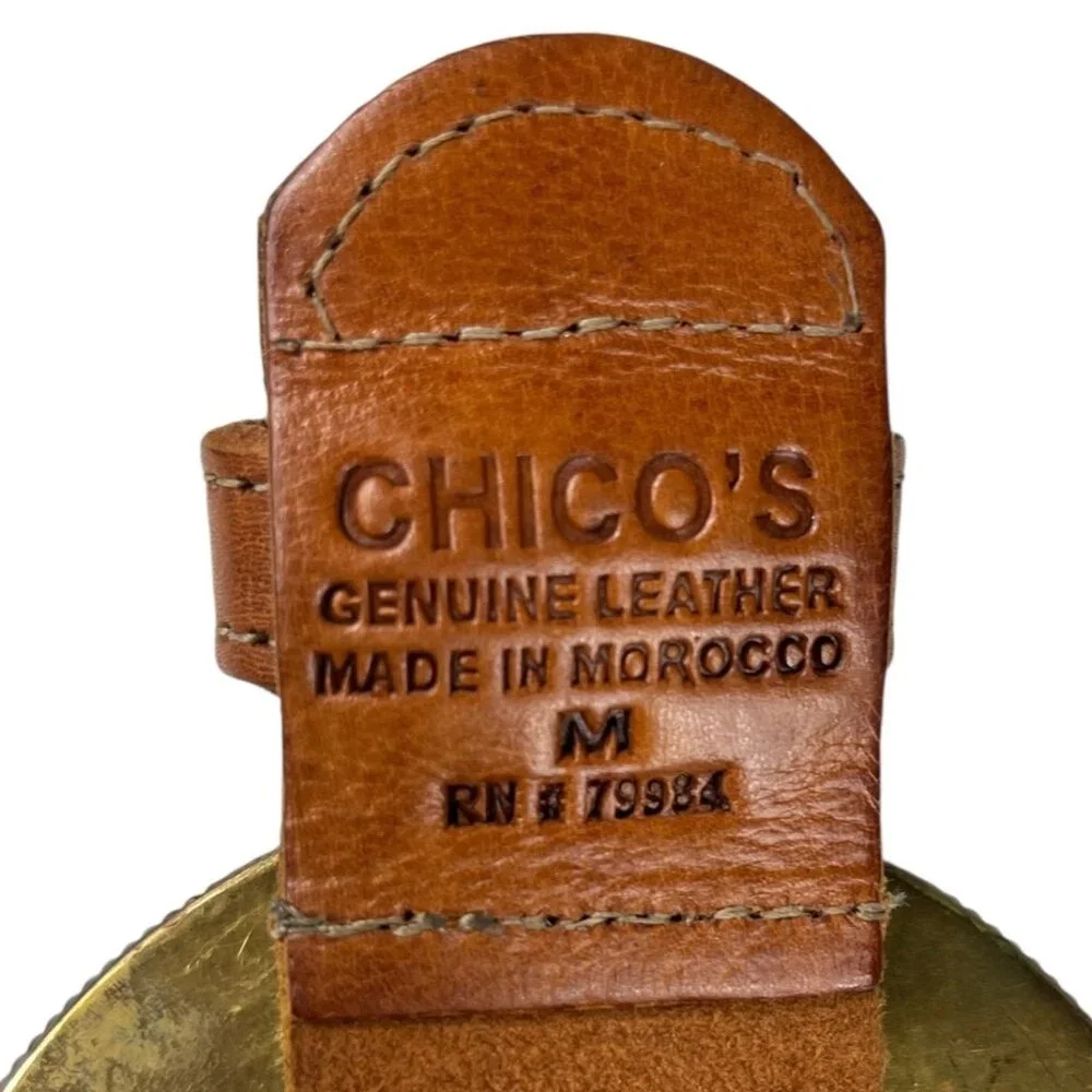 Chico's Genuine Leather Belt Size Medium Tan Statement Buckle Boho Cowgirl